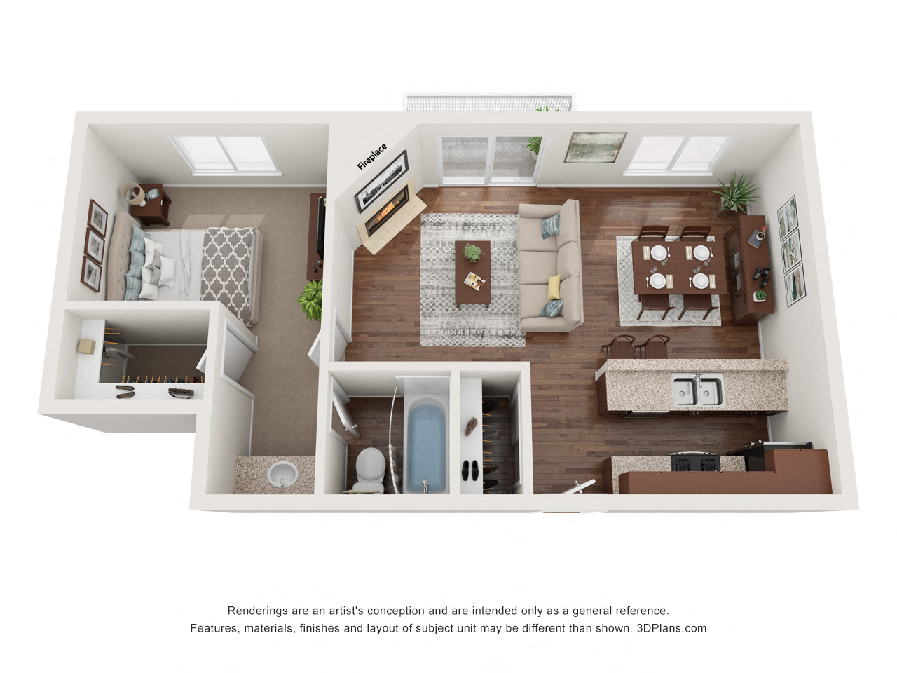 Floor plan for 1 bed, 1 bath, 725 sqft